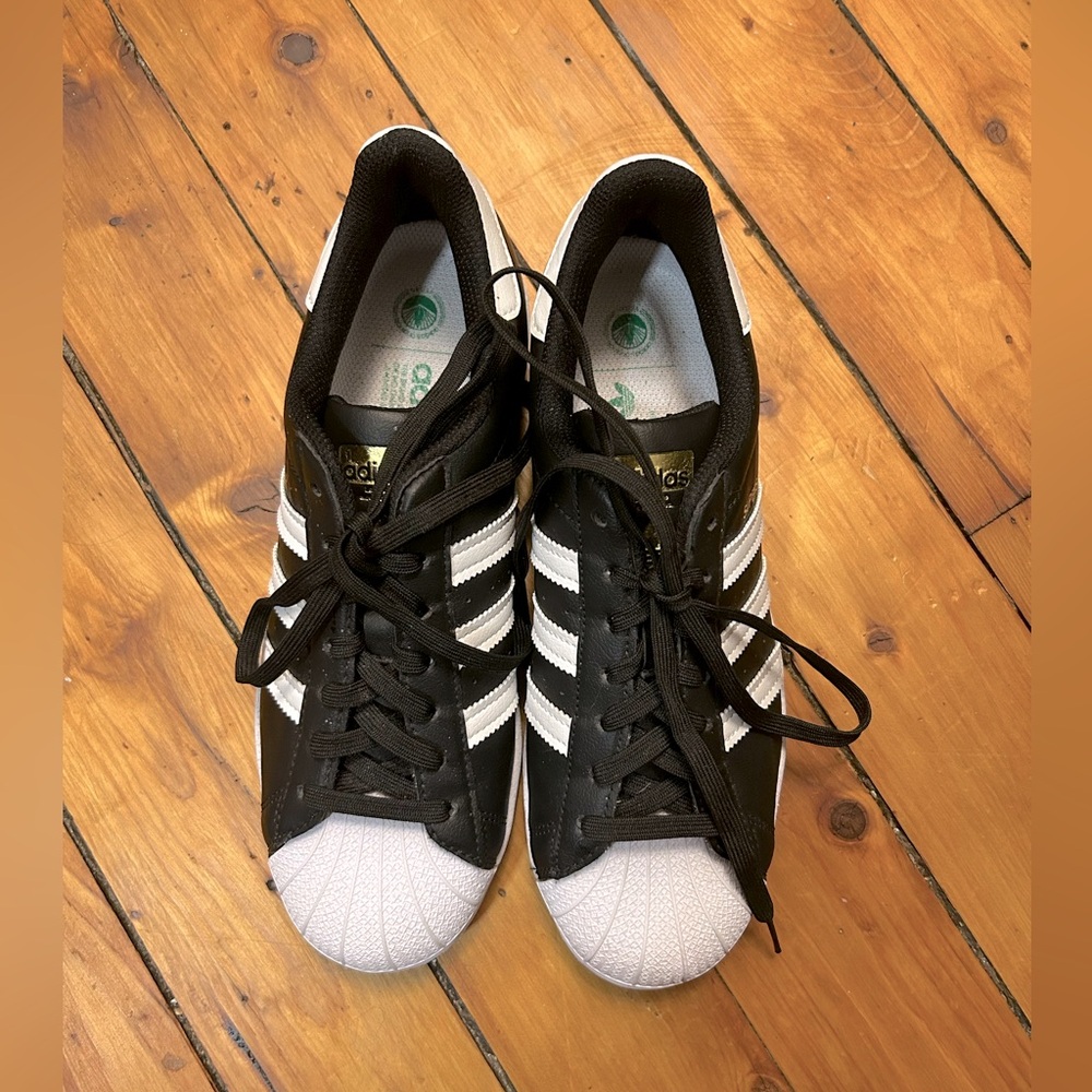 Vegan Adidas Black, White & Gold Superstar Sneakers